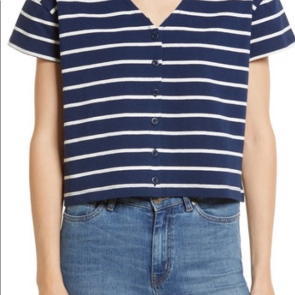 Madewell V-Neck Button-Front Boxy-Crop Tee Navy Blue White Stripes Size Small